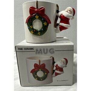 Vintage Christmas Wreath Coffee Mug Cup Santa Clause Handle Gift new in box